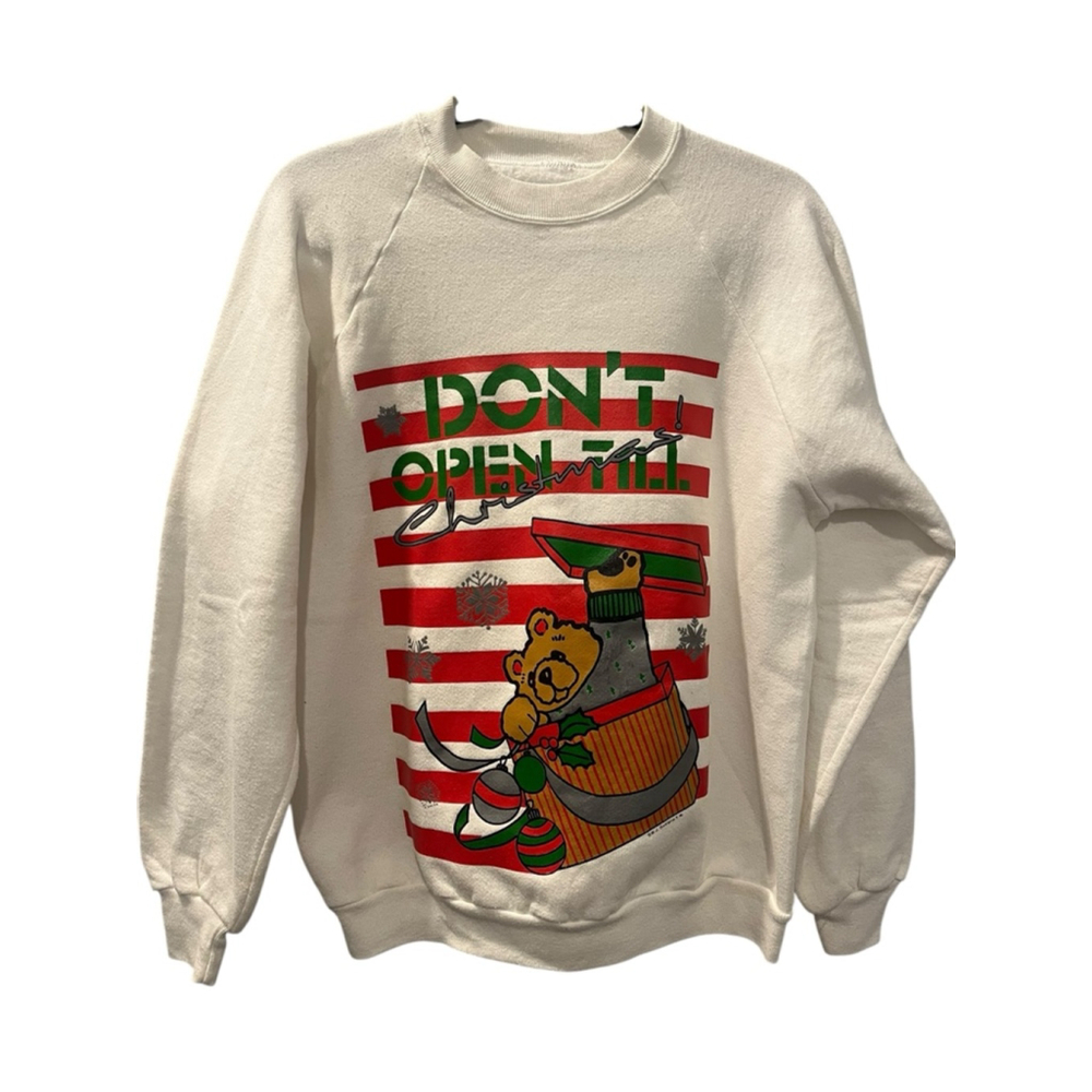 Vintage 80s Size Medium Don’t Open Til Christmas Crew Neck Pullover Sweeter Bear - Picture 1 of 7
